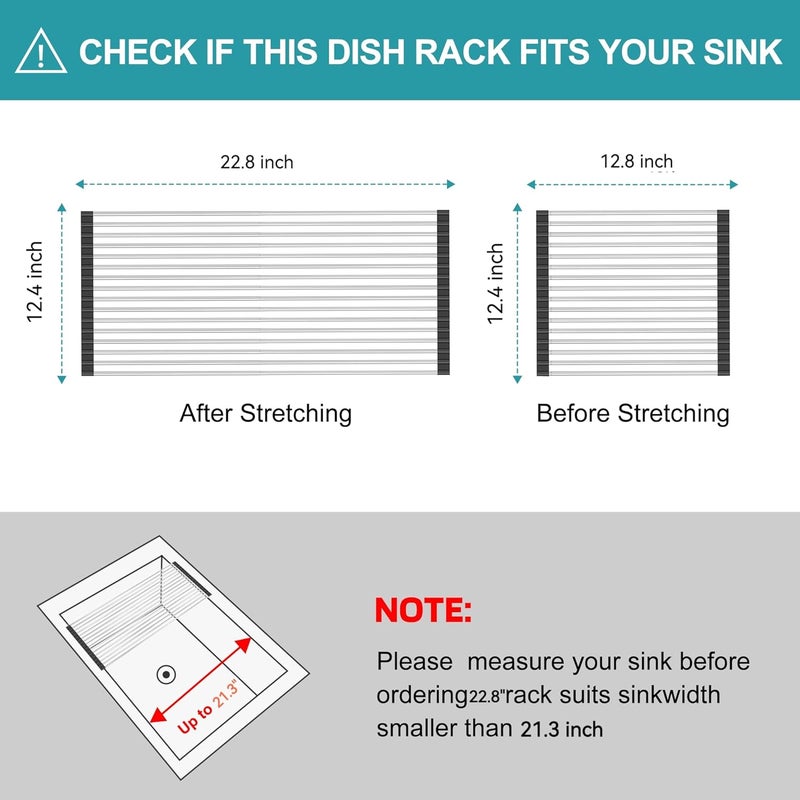 BBXTYLY Extra Expandable Roll Up Dish Drying Rack,Over The Sink Drying Rack Sink Cover Kitchen Sink Accessories Kitchen Rolling up Stainless Steel Drainer, Foldable,Rollable（Black，22.8''-12.4''） - Image 2